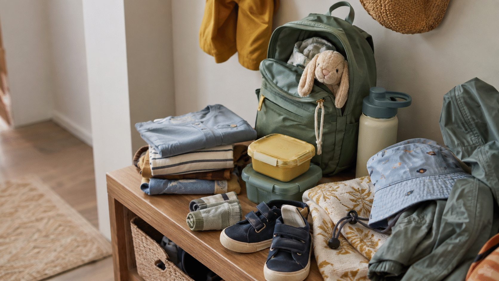 Childcare backpack with practical daily items prepared for a young child