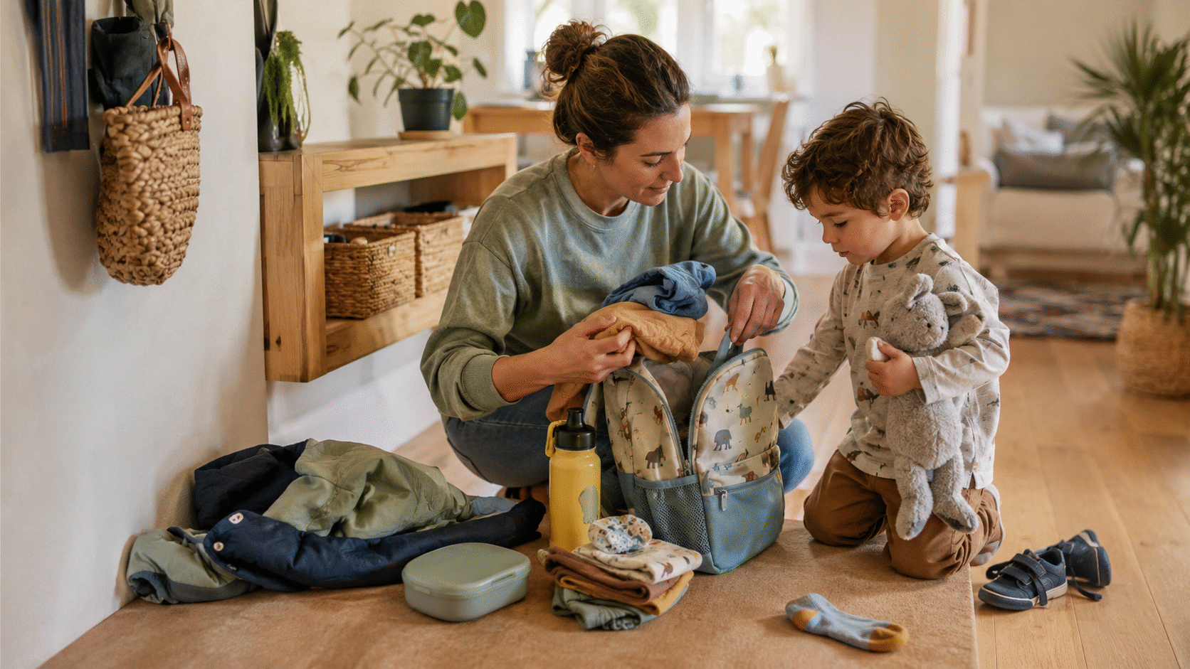 Parent preparing a young child's backpack and belongings for a childcare day