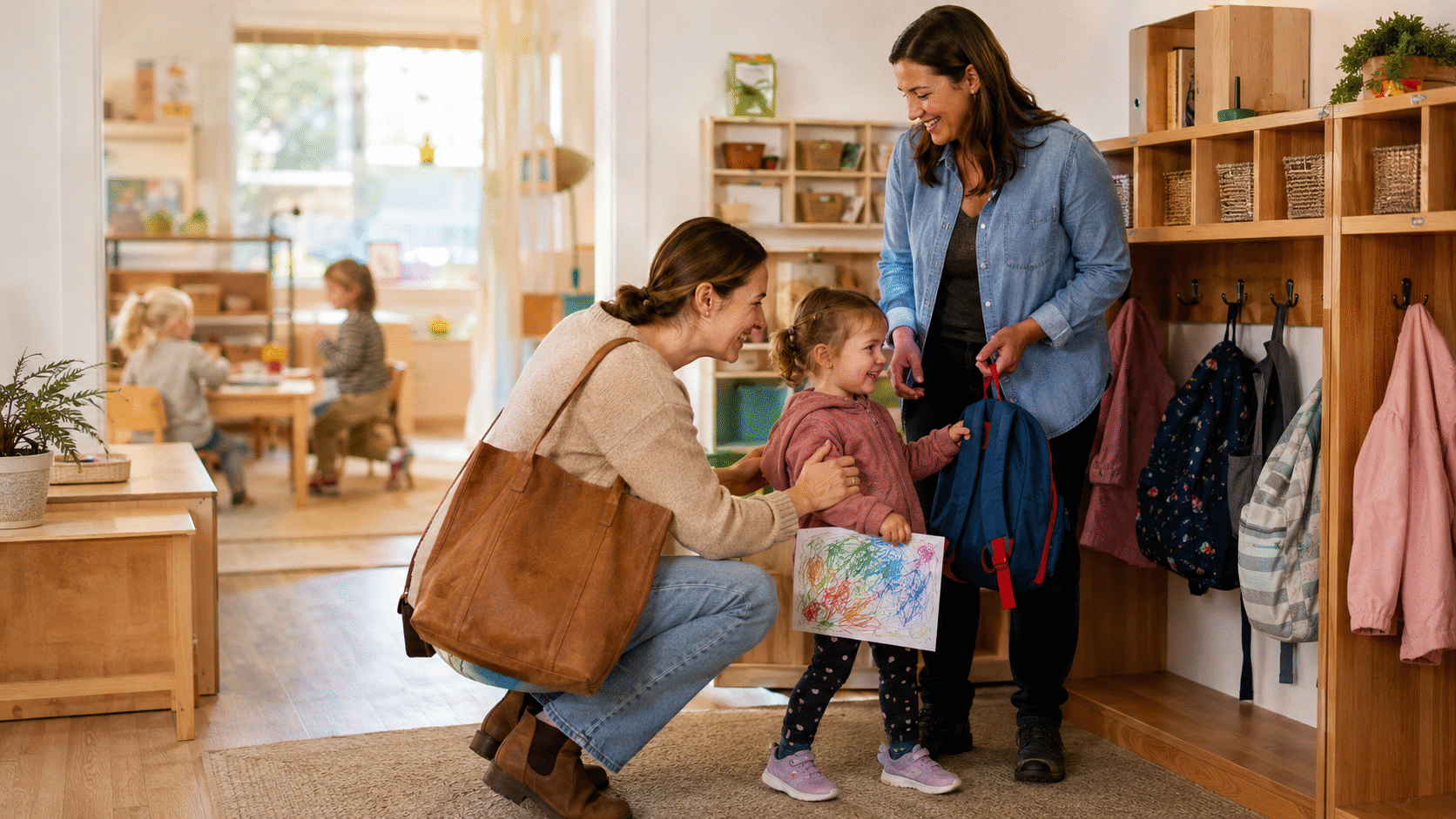 Parent or authorized caregiver arriving to pick up a young child from childcare