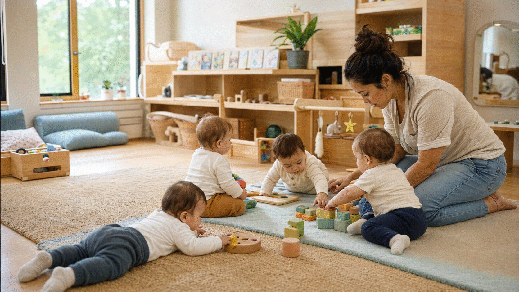Childcare educator interacting calmly with infants in a warm classroom