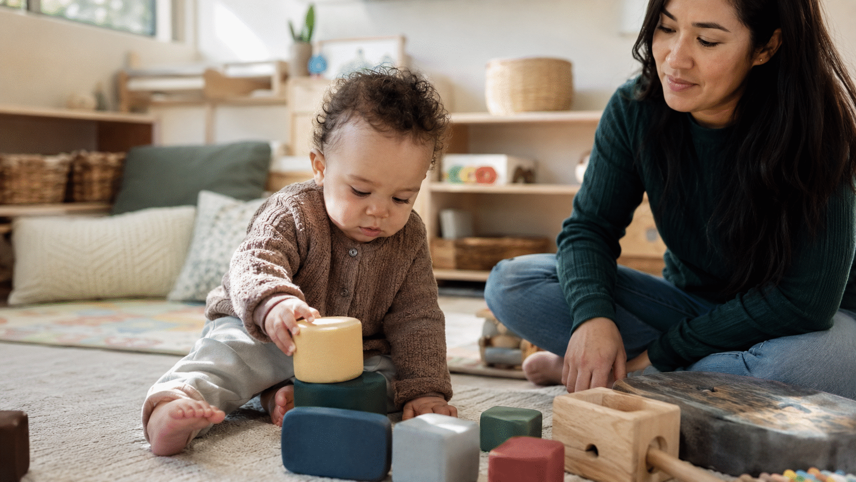 Infant exploring age-appropriate toys with a childcare educator nearby