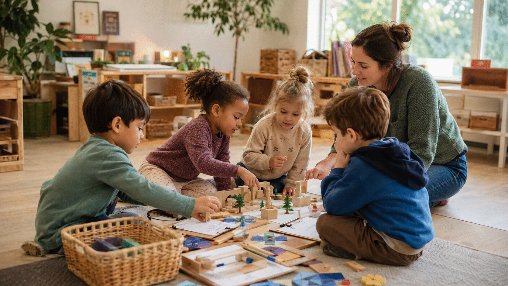 Pre-K children participating in a hands-on classroom activity with an educator nearby