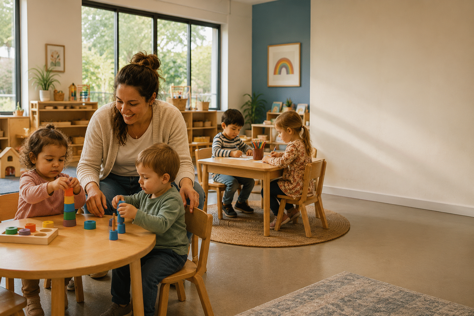Children participating in age-appropriate activities with a childcare educator