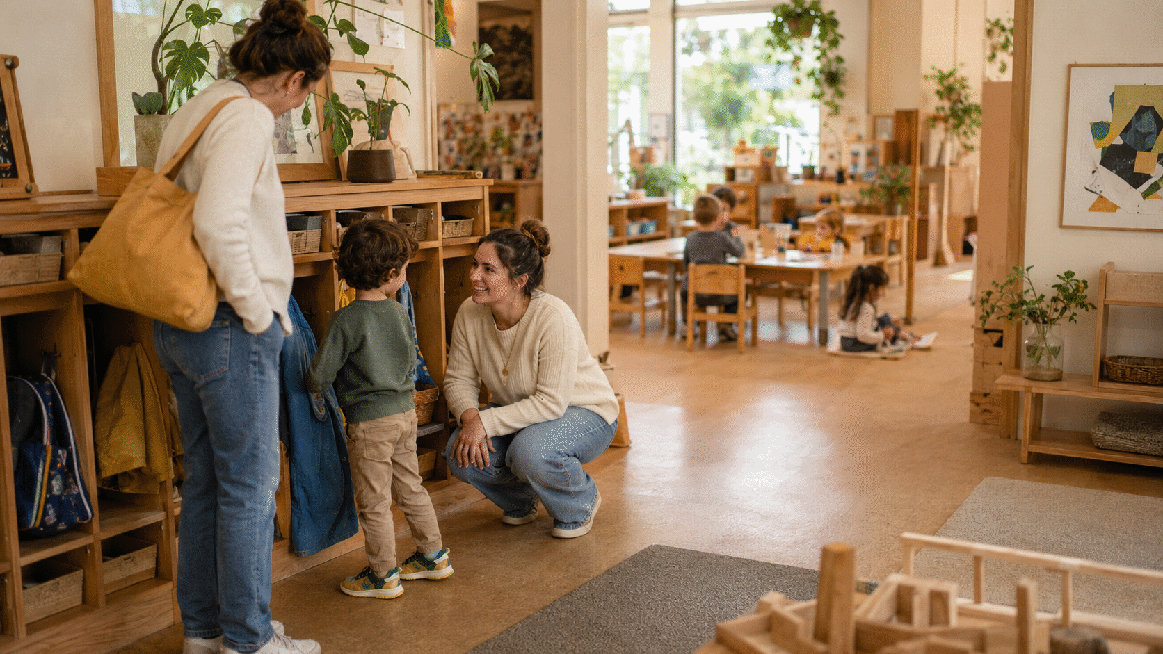Parent and young child arriving at a childcare classroom while an educator welcomes them