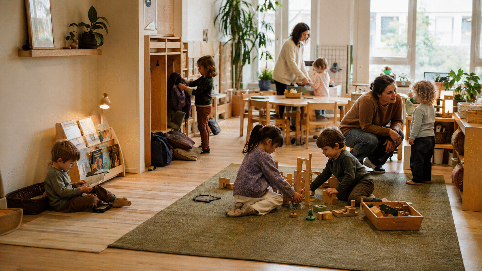 Children and educators moving through a normal morning in a warm childcare classroom