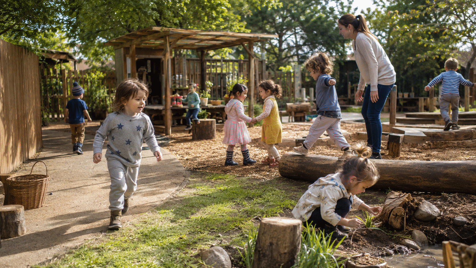 Young children playing actively outside at a childcare center with an educator nearby