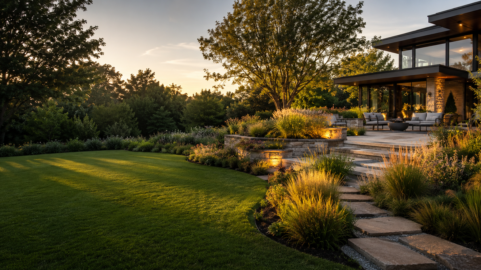 Professionally designed residential backyard with lawn, garden planting, and stone patio