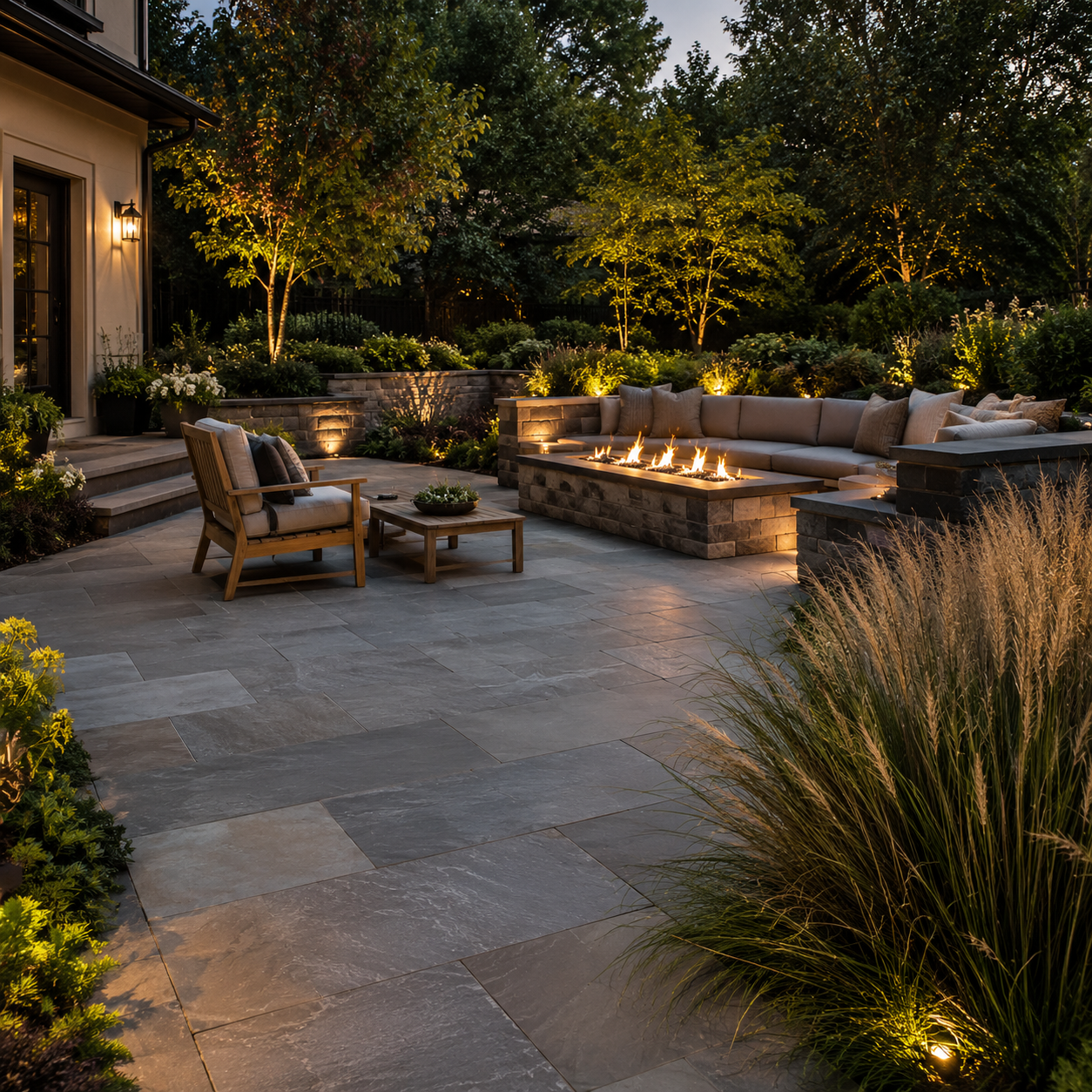 Modern residential stone patio with seating and landscape planting