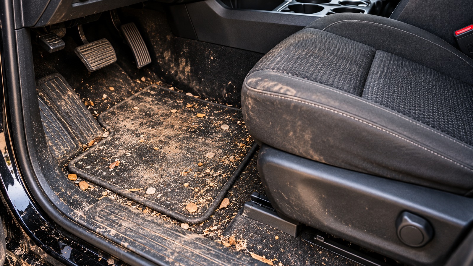 Dirty vehicle interior before professional detailing