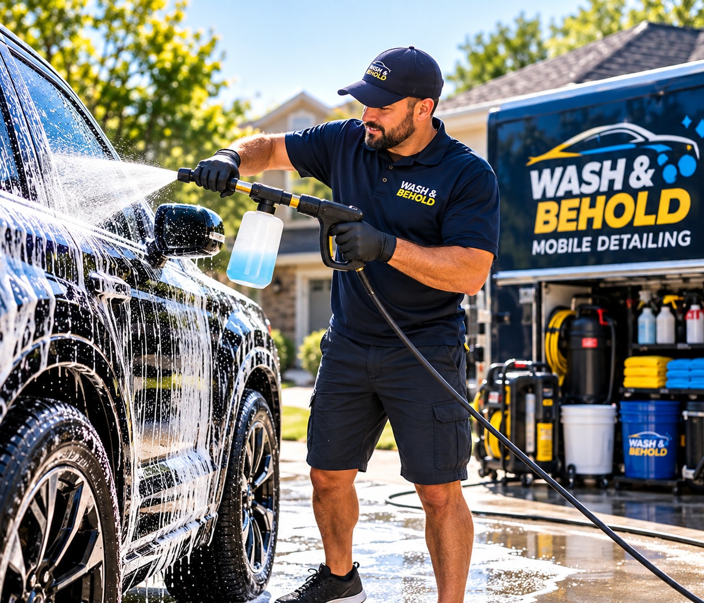 Mobile car detailer washing a vehicle in a residential driveway