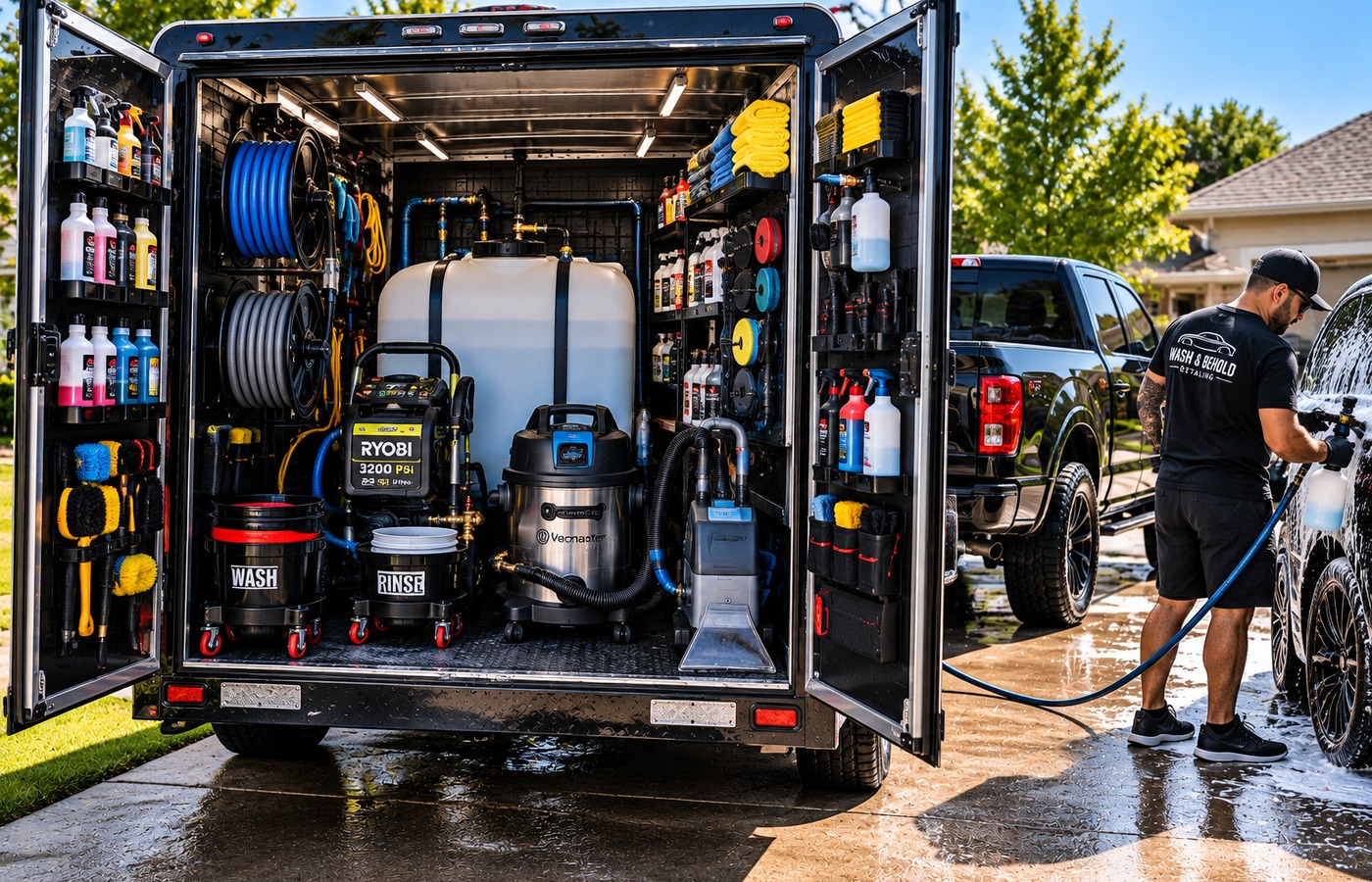 Mobile detailing equipment arranged beside a vehicle in a driveway