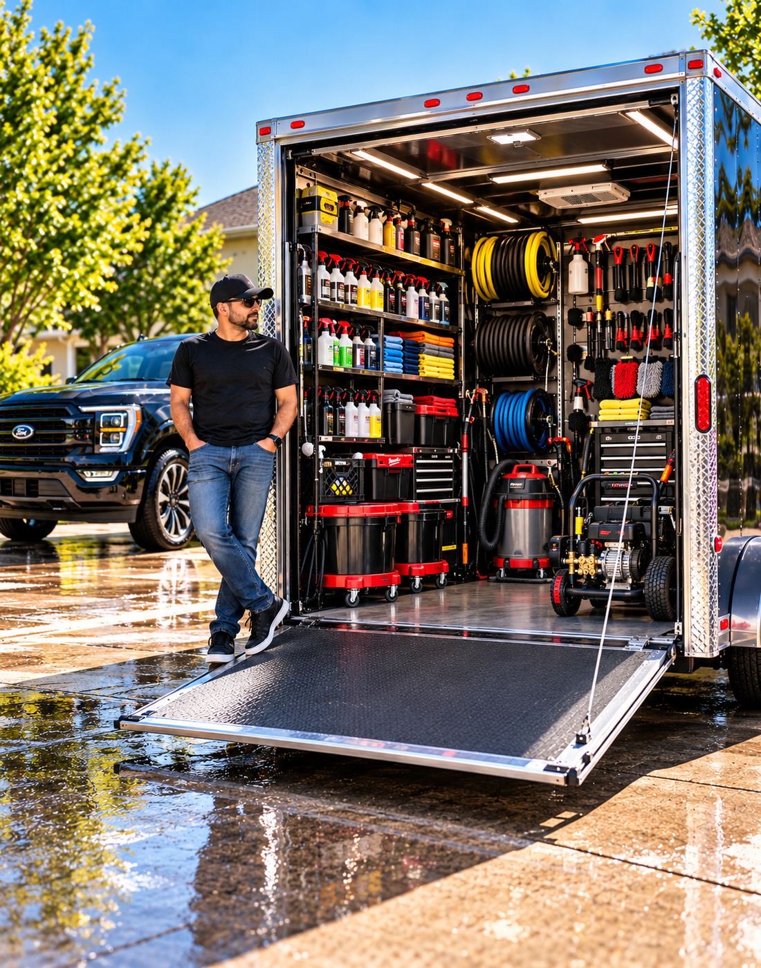 Kevin, owner of Wash and Behold Detailing, standing beside his mobile detailing equipment