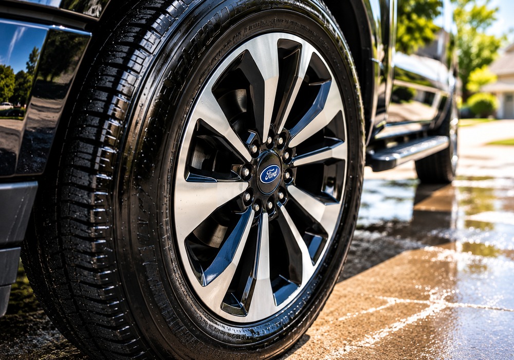 Clean alloy wheel and dressed tire after detailing
