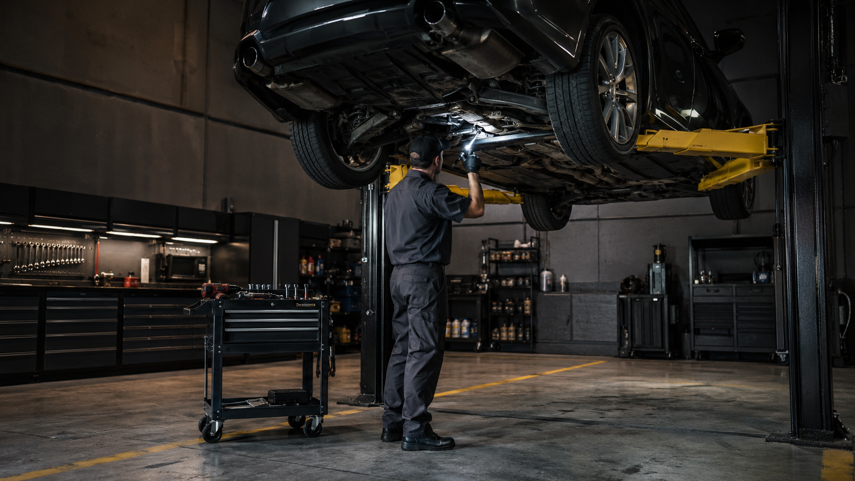 Technician inspecting the underside of a vehicle raised on a professional service lift
