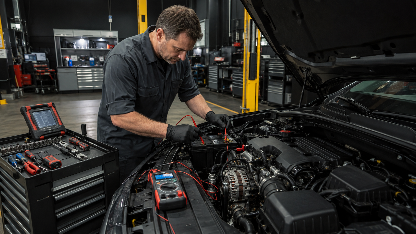 Technician performing an alternator and charging-system diagnostic test
