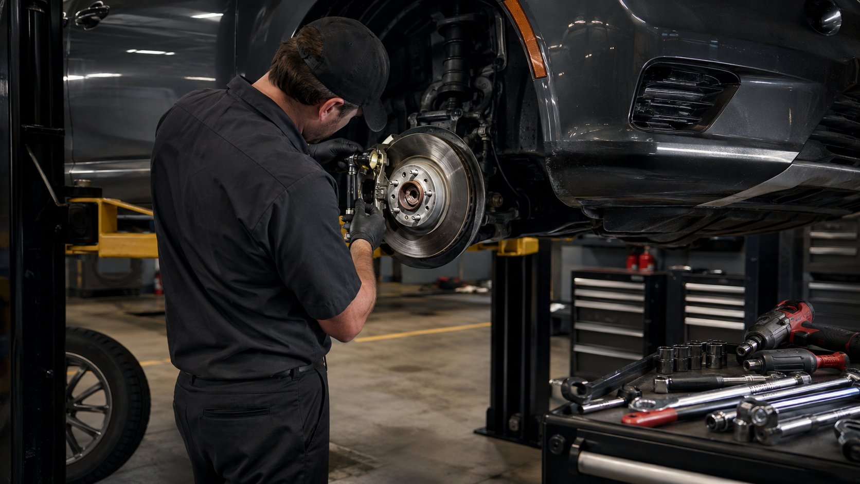 Technician inspecting a vehicle brake rotor, caliper, and wheel assembly