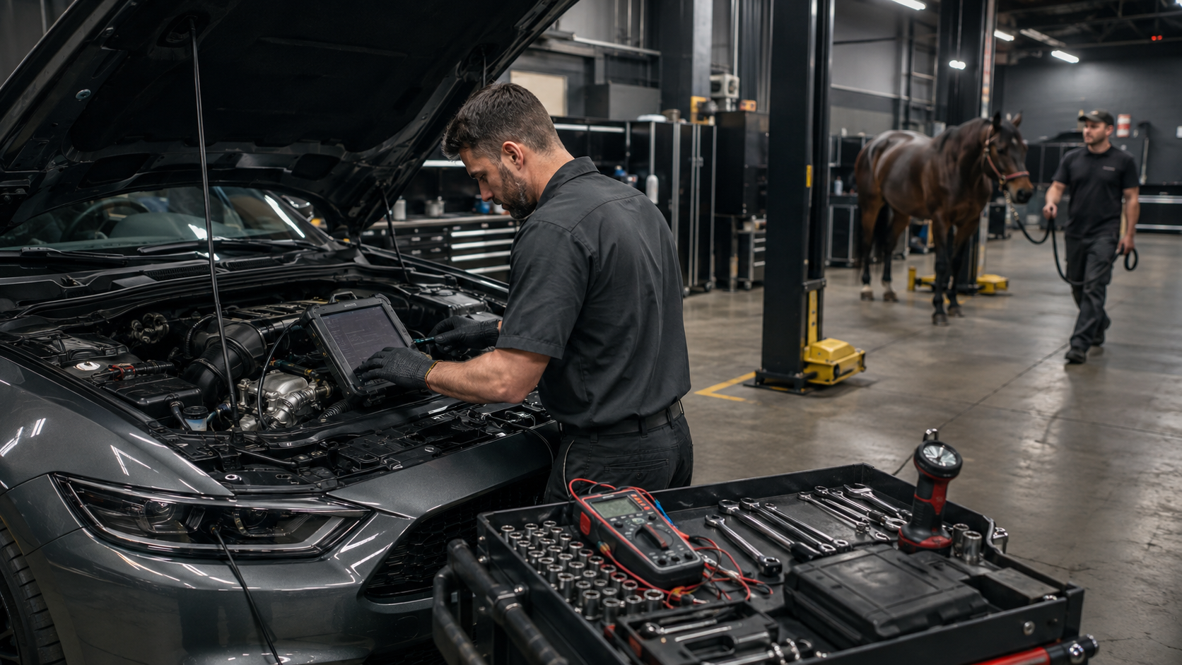 Technician performing engine-performance diagnostics while a person walks a horse through the background of the service shop