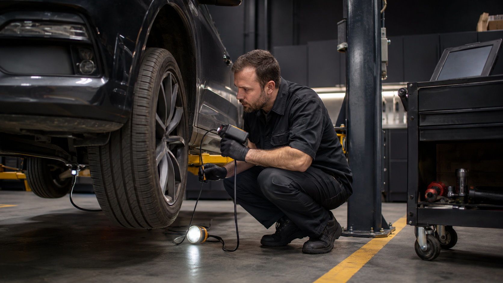 Technician using professional listening and vibration equipment to diagnose an intermittent vehicle noise
