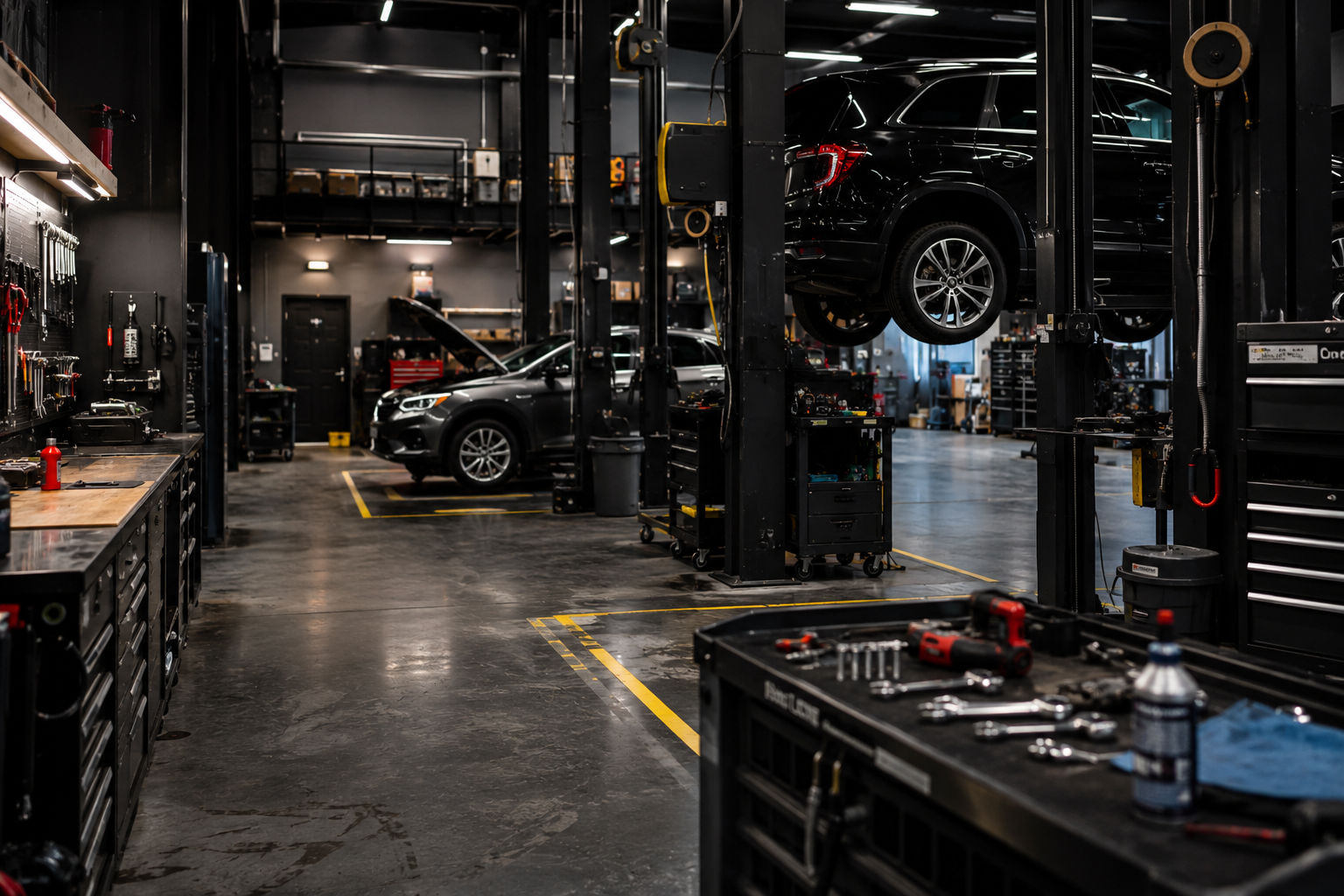 Modern independent automotive repair facility with service lifts and diagnostic equipment