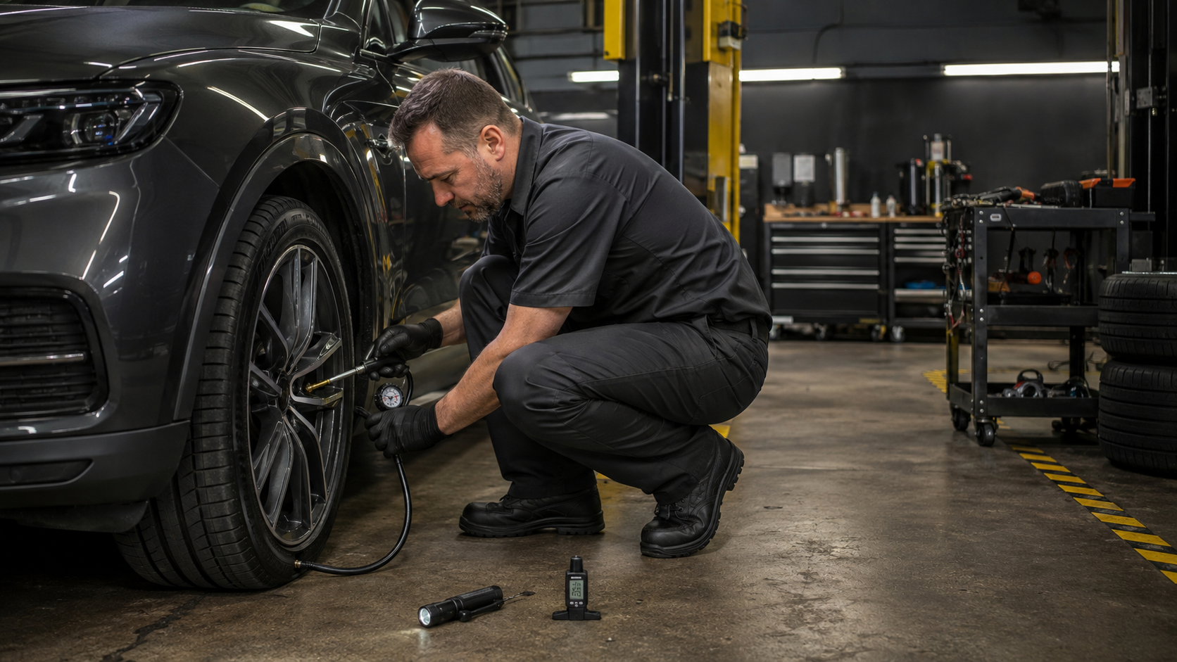 Technician checking tire pressure and wheel condition