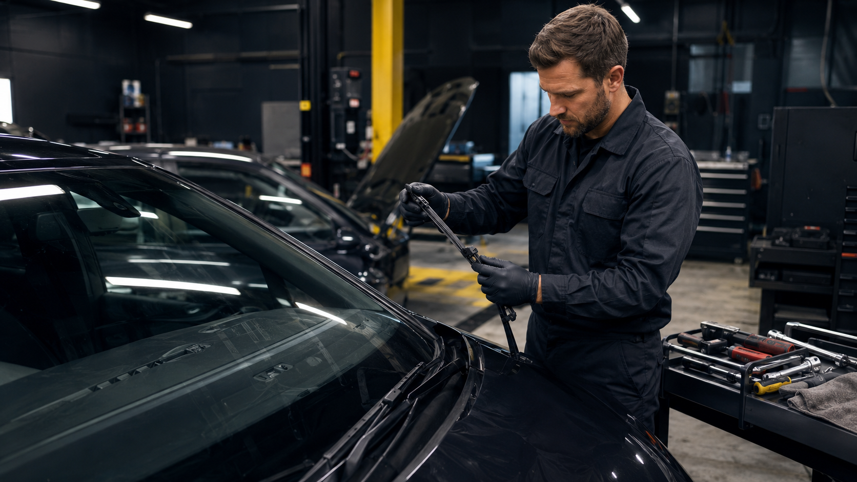 Technician inspecting the windshield wiper blades on a vehicle