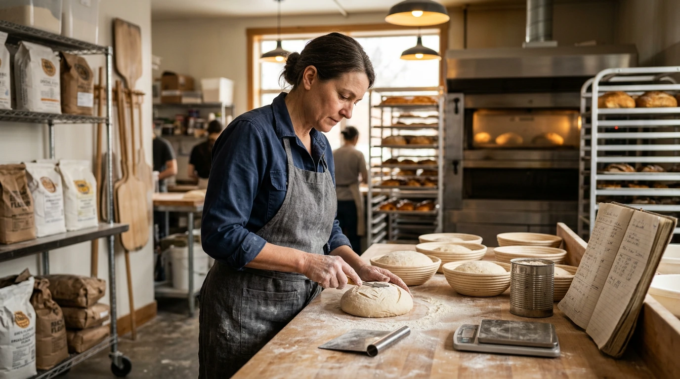 Experienced bakery owner shaping dough at a production workbench