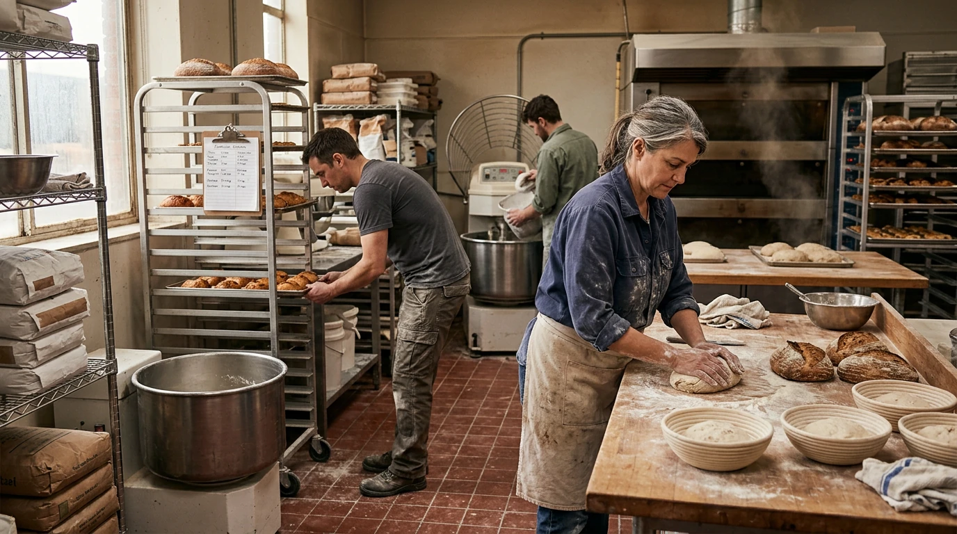 Small bakery team working together during morning bread and pastry production