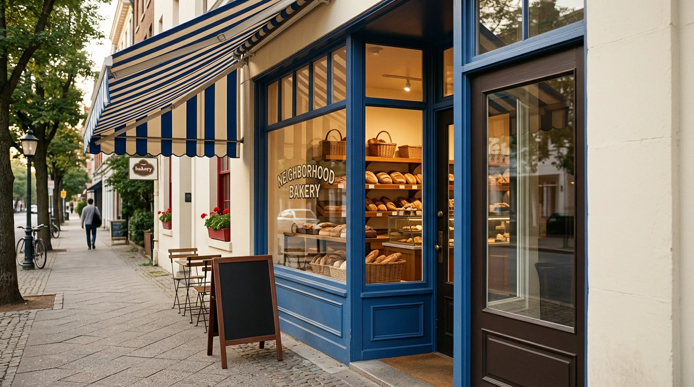 Blue neighborhood bakery storefront with striped awning and sidewalk seating