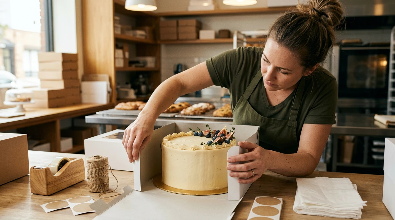 Bakery worker carefully packing a finished celebration cake into a cake box for pickup