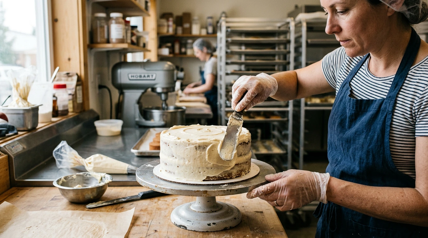 Professional baker frosting a layer cake by hand on a cake turntable