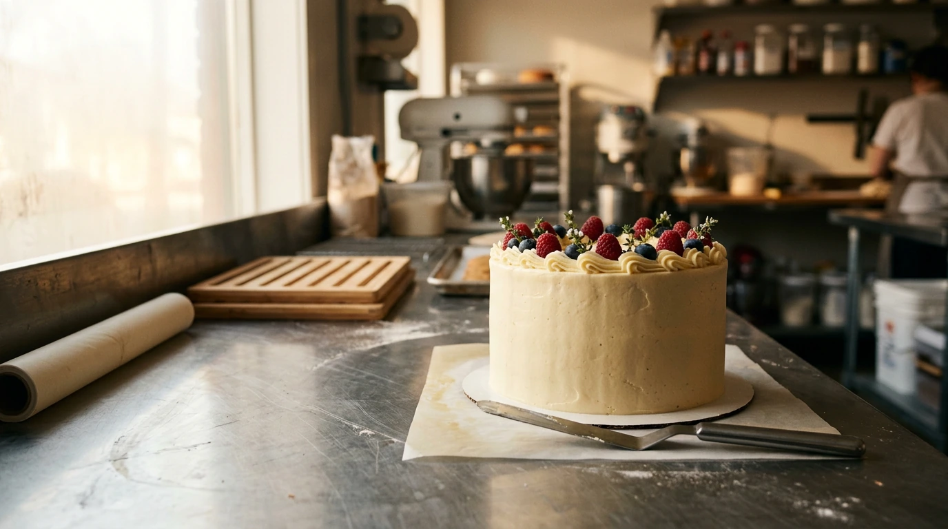 Finished celebration cake with berries on a professional bakery worktable