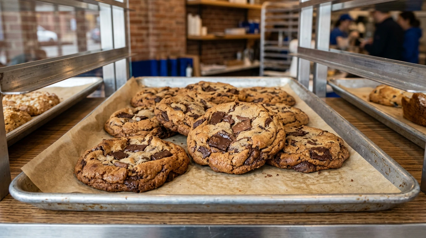 Large chocolate chunk cookies displayed inside a bakery pastry case