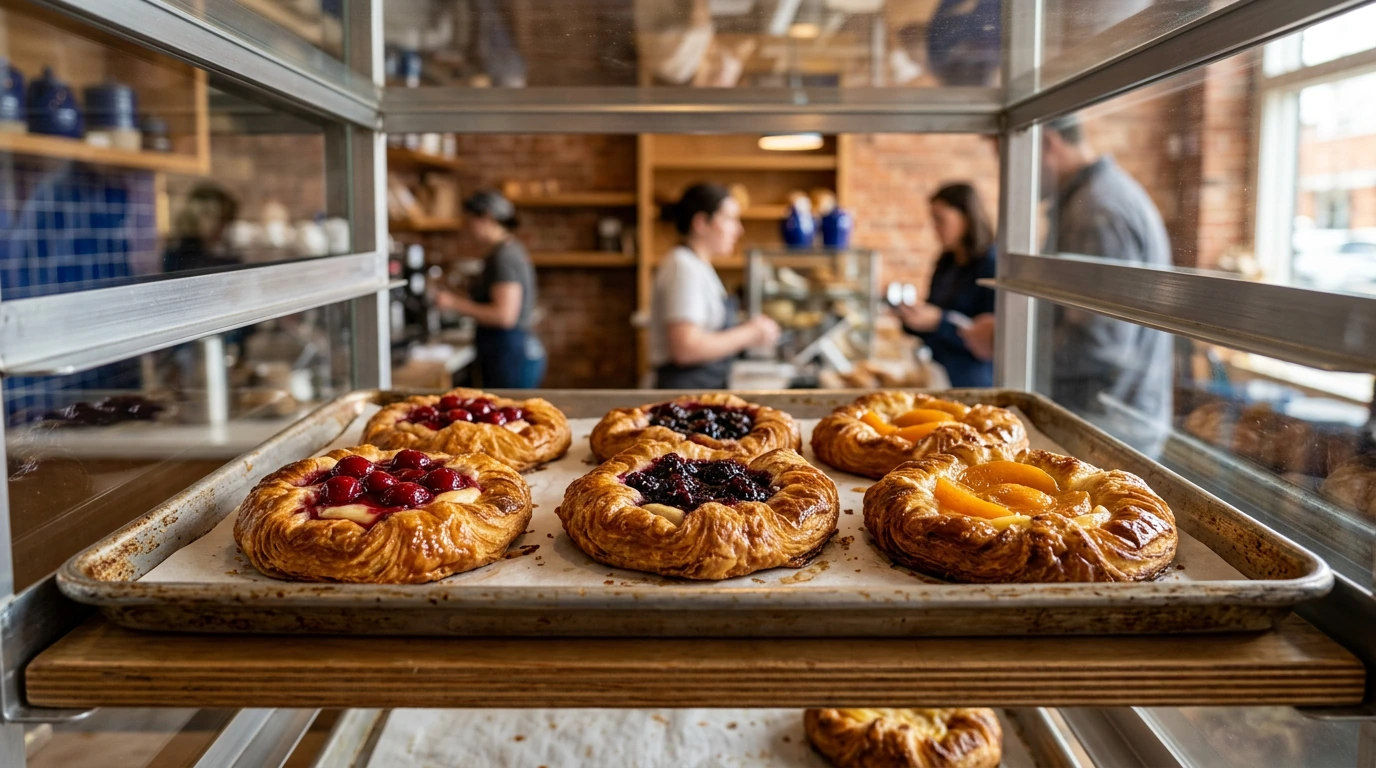 Seasonal fruit Danish pastries arranged inside a bakery display case