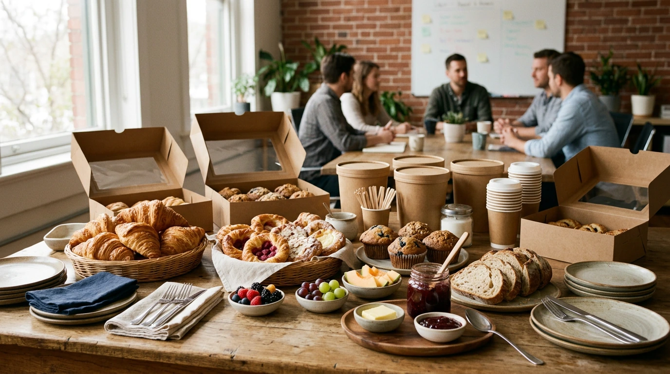 Bakery breakfast catering spread with pastries, bread, fruit, coffee, and bakery boxes