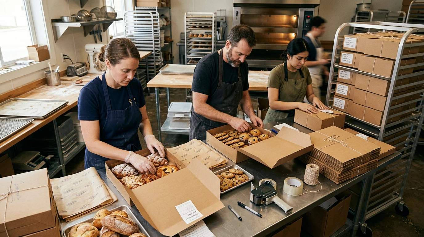 Bakery team packing multiple large pastry and catering orders