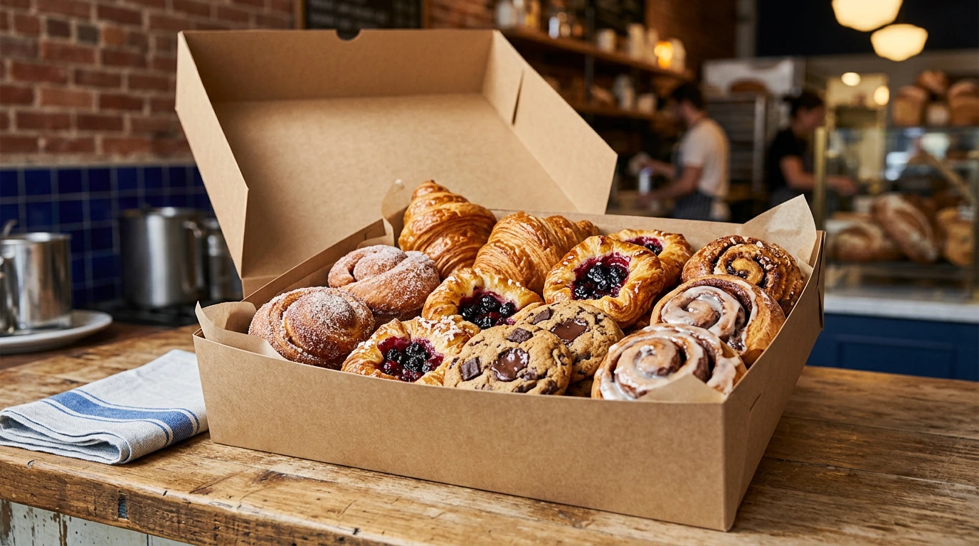 Large bakery catering box filled with croissants, cookies, Danish pastries, and cinnamon rolls