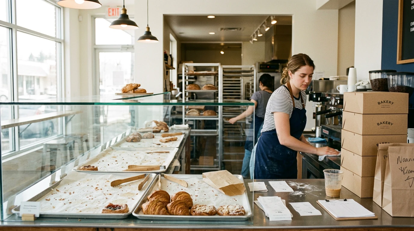 Bakery worker resetting a partially emptied pastry counter after the morning rush