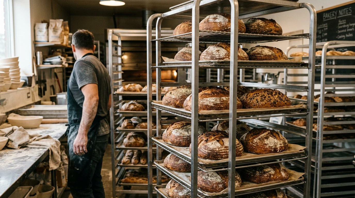 Cooling racks filled with freshly baked artisan bread