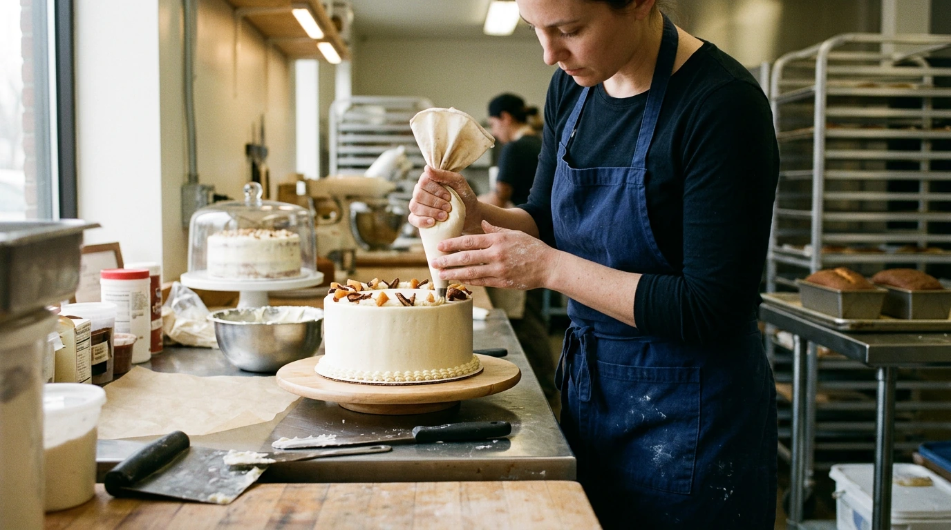 Bakery worker adding final decoration to a buttercream celebration cake