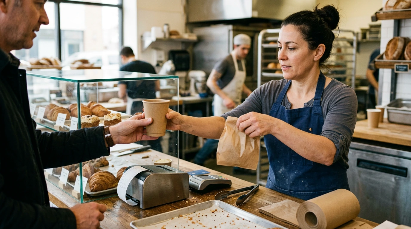 Bakery worker handing coffee and a pastry bag to a customer at the counter