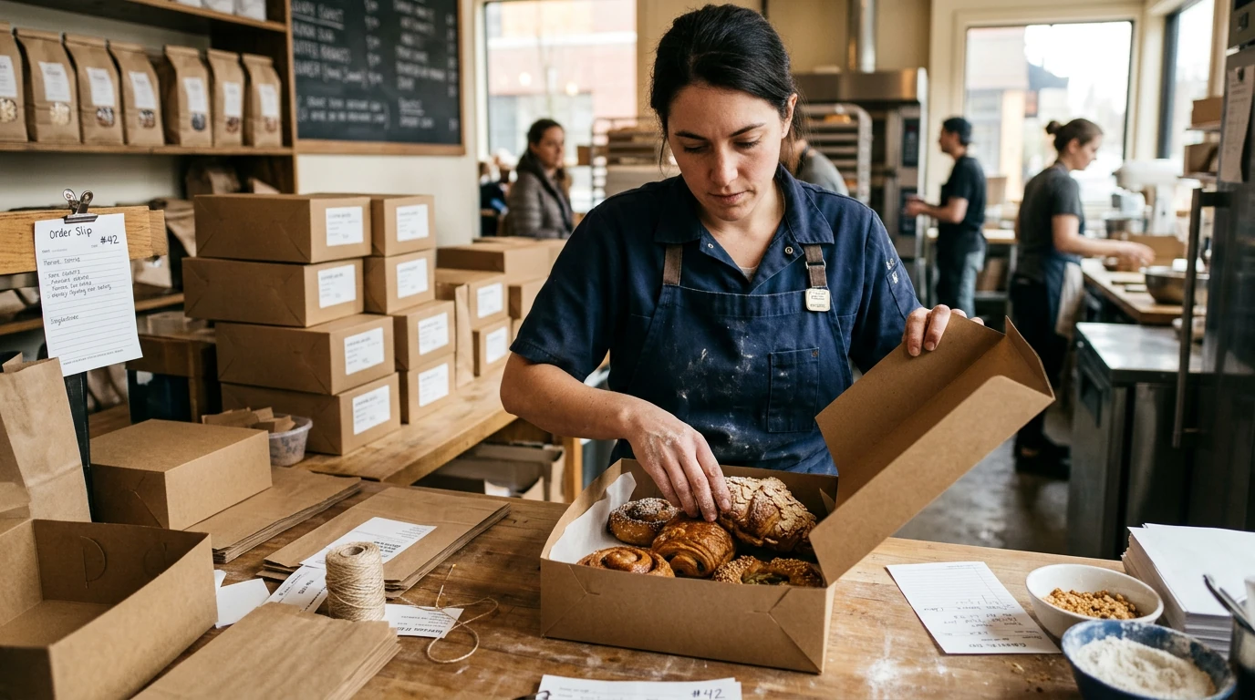 Bakery worker packing pastries into kraft bakery boxes