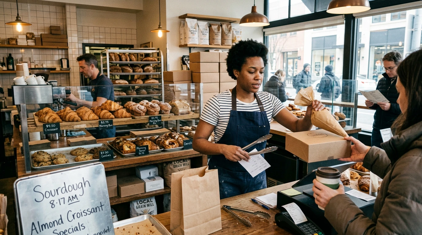 Bakery staff serving customers during the morning rush