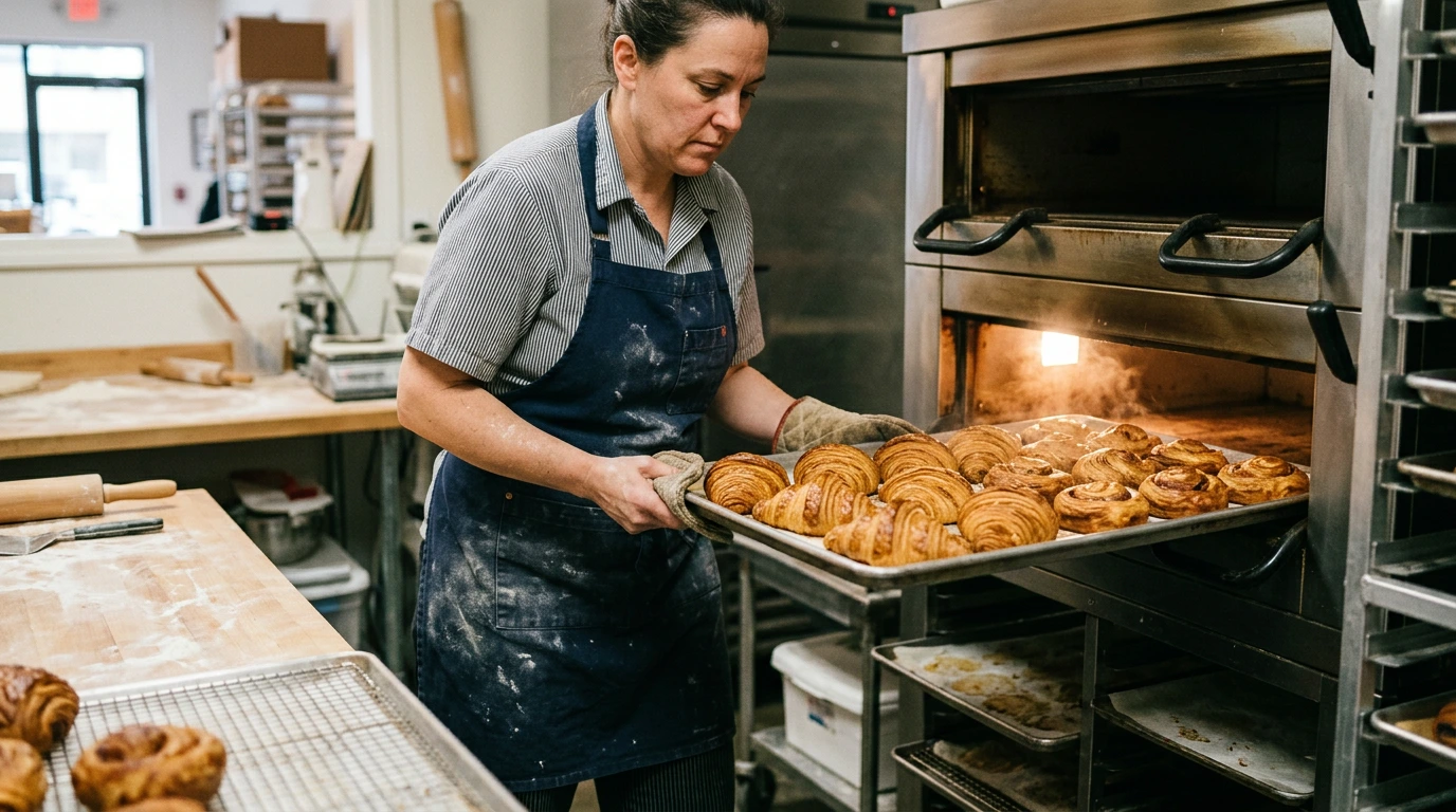 Baker removing a tray of freshly baked pastries from a commercial oven