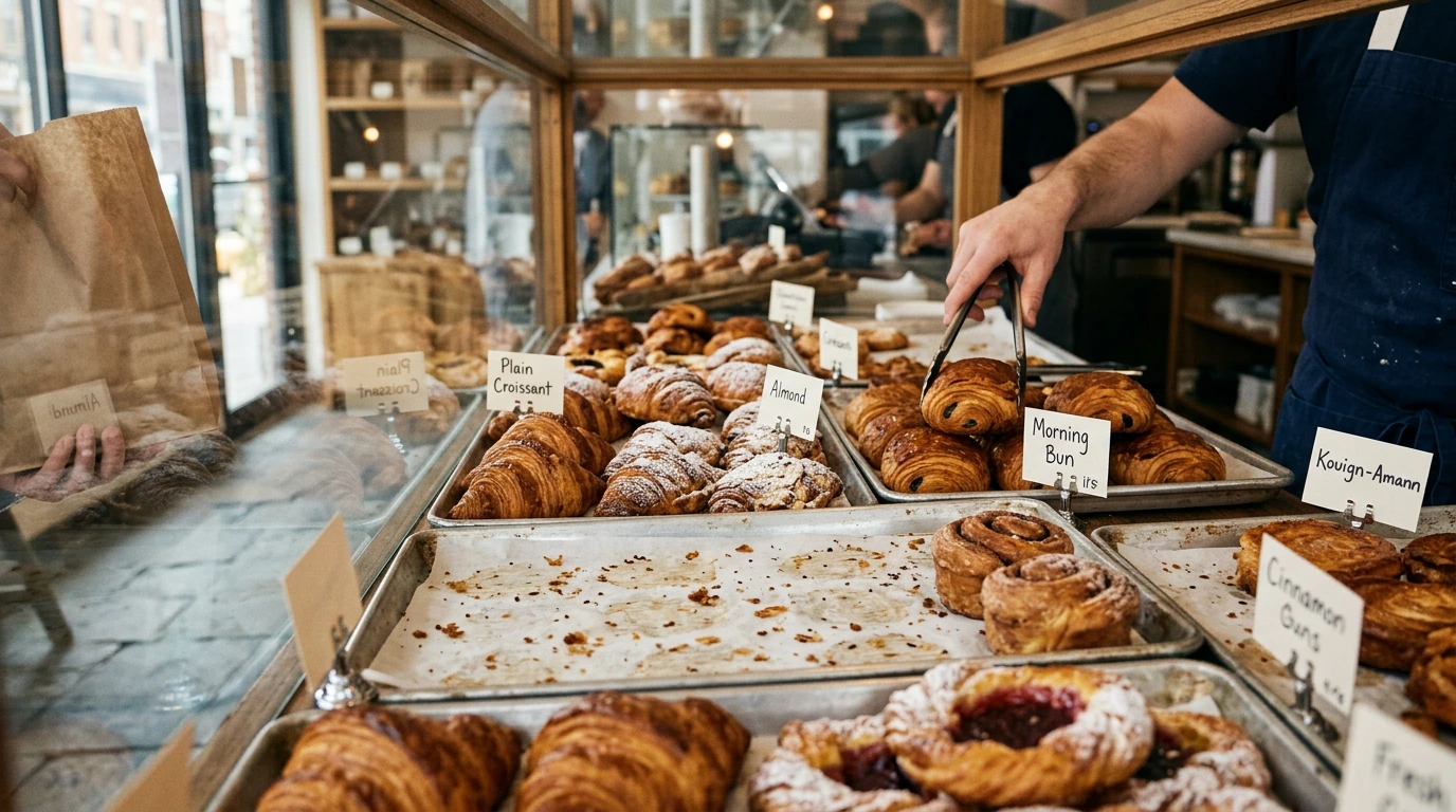 Partially sold bakery pastry case during morning service