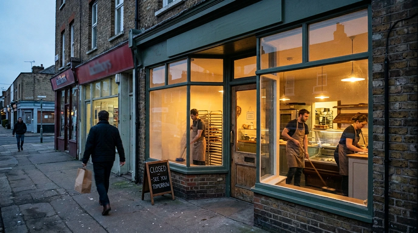 Neighborhood bakery storefront glowing warmly as staff finish the day