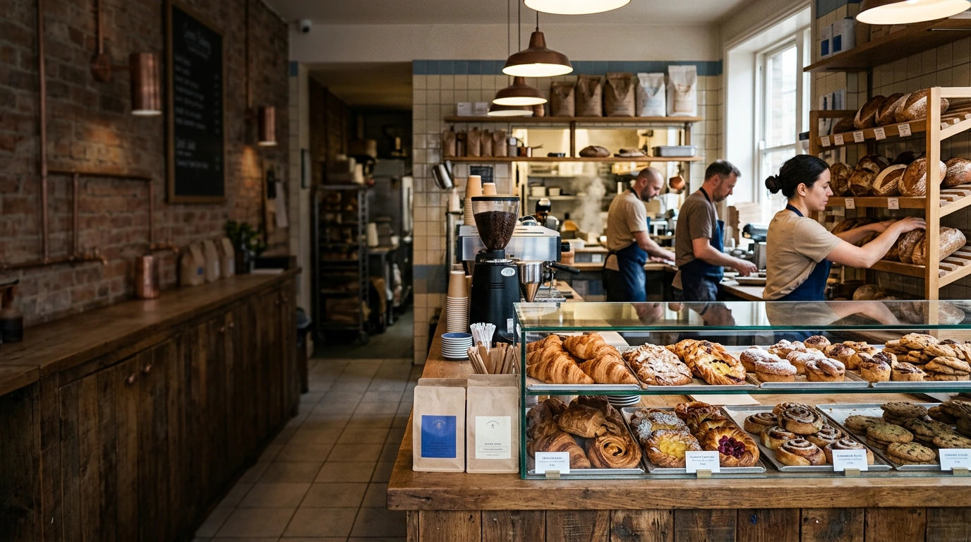 Bakery team working behind a pastry counter filled with fresh bread and baked goods