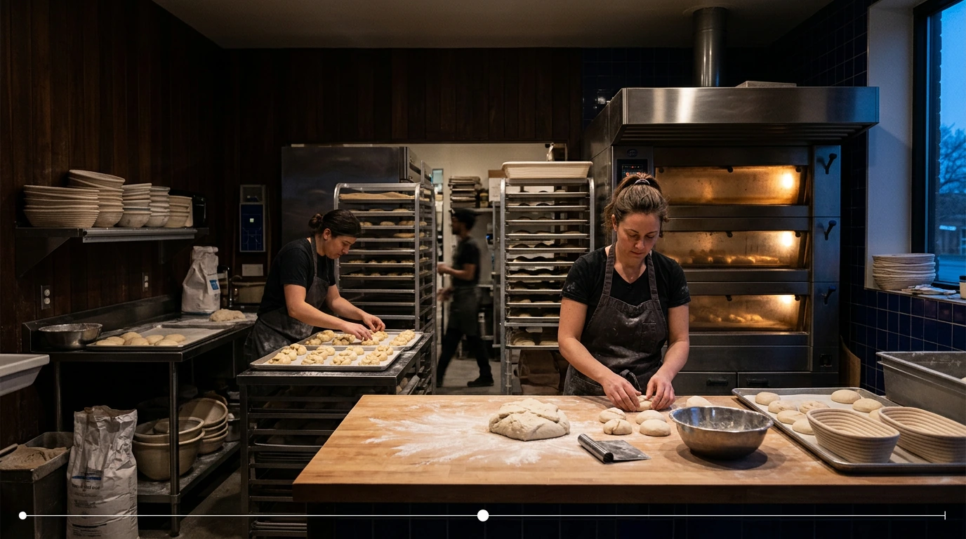 Bakery team shaping dough and preparing fresh pastry early in the morning