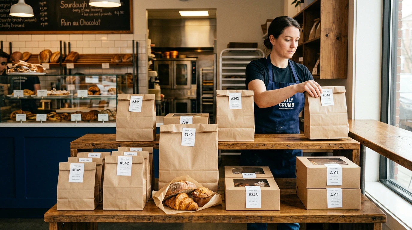 Completed bakery preorder bags and pastry boxes arranged for customer pickup