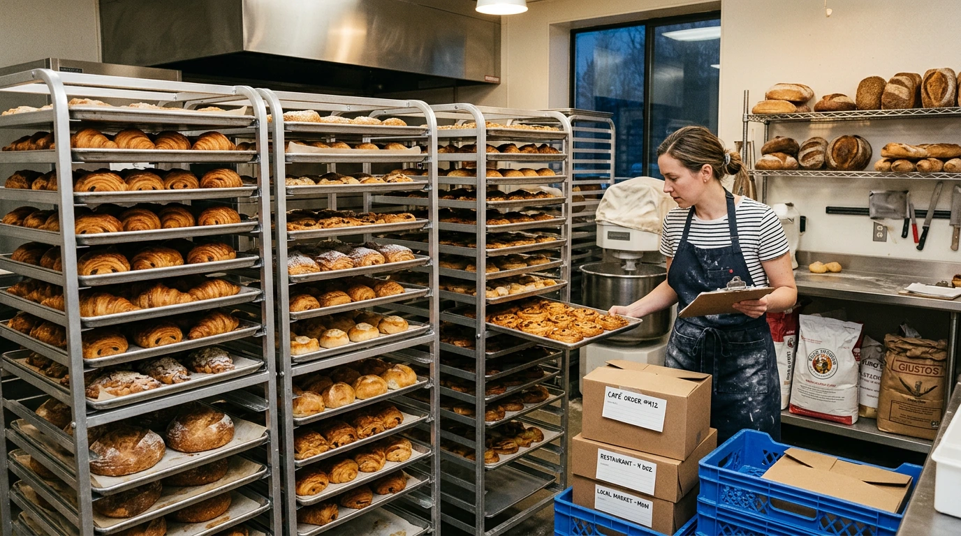 Bakery worker checking large racks filled with bread and pastries for wholesale orders