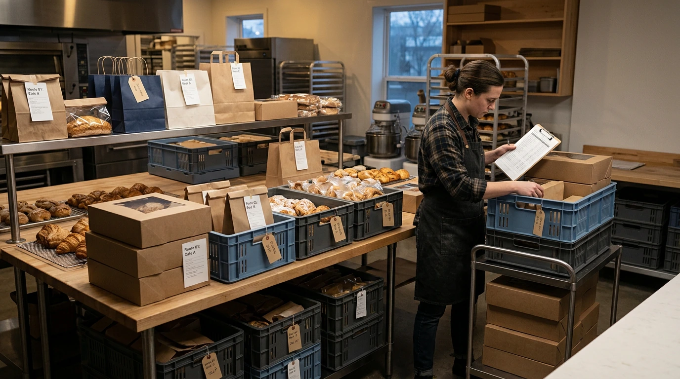 Bakery worker organizing wholesale boxes and delivery crates using a route manifest